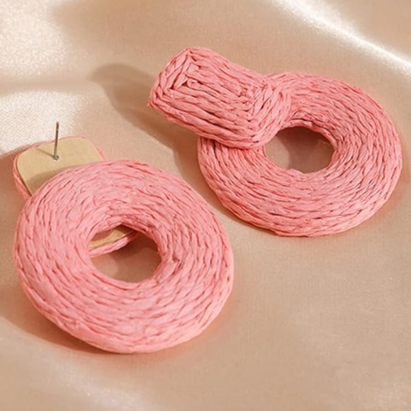 Chunky Pink Raffia Rattan Earrings Wicker Door Knocker Bold Statement New - Picture 2 of 6